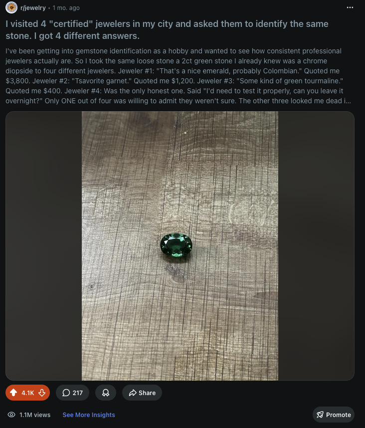 Viral Reddit post in r/jewelry generated with KarmaFuel
